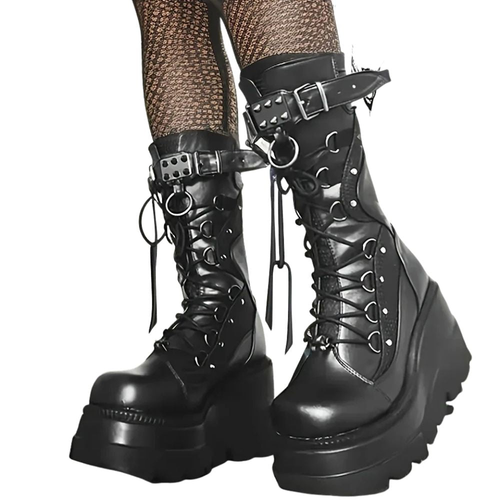 Black Goth Wedge Mid Calf Boots