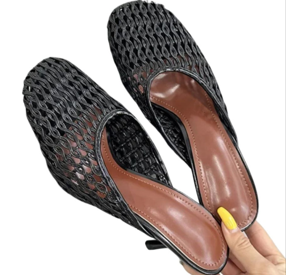 Black Woven Kitten Heel Mules