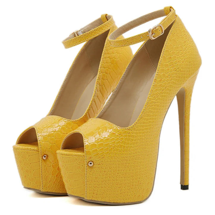 Yellow Snake Print Peep Toe Heels
