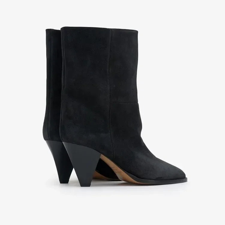 black-suede-cone-heel-booties-side-pair