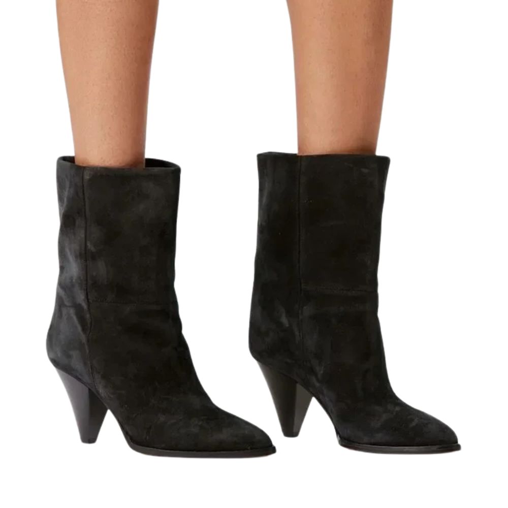 black-suede-cone-heel-booties-woman