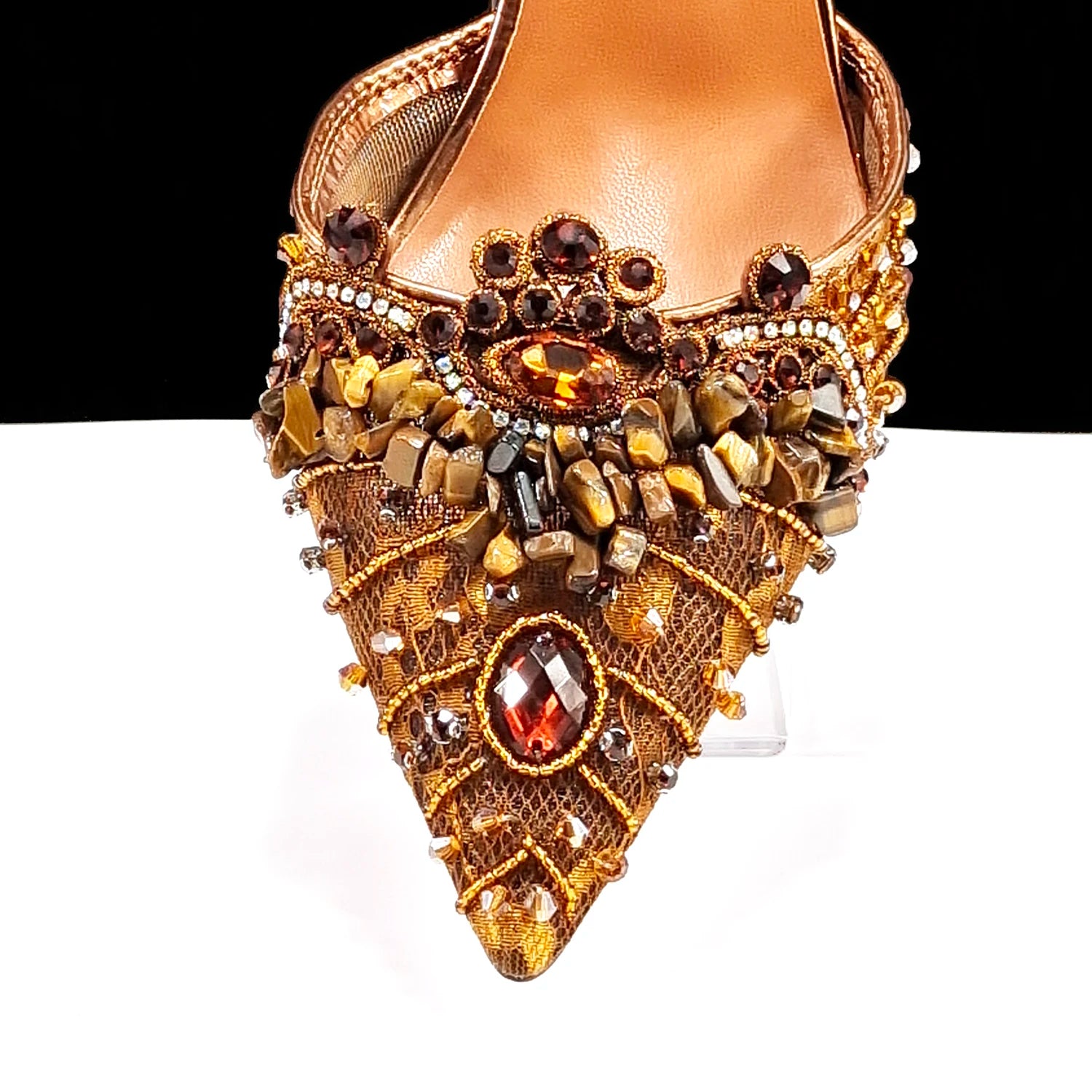 decorated-bronze-pointed-toe-heels-pair-closeup