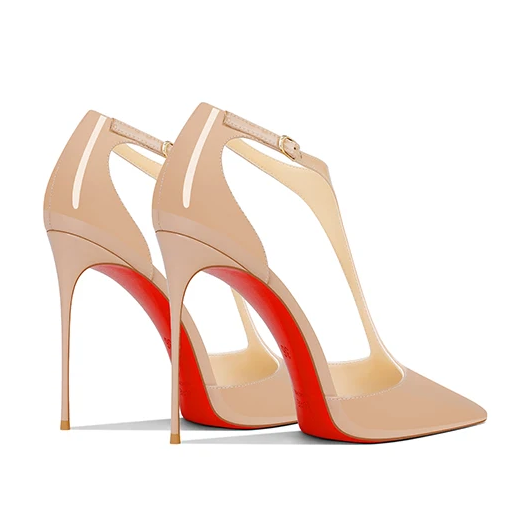 Nude Pointed T-Strap Heels