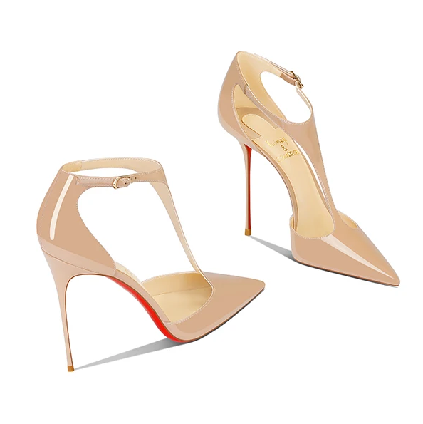 Nude Pointed T-Strap Heels