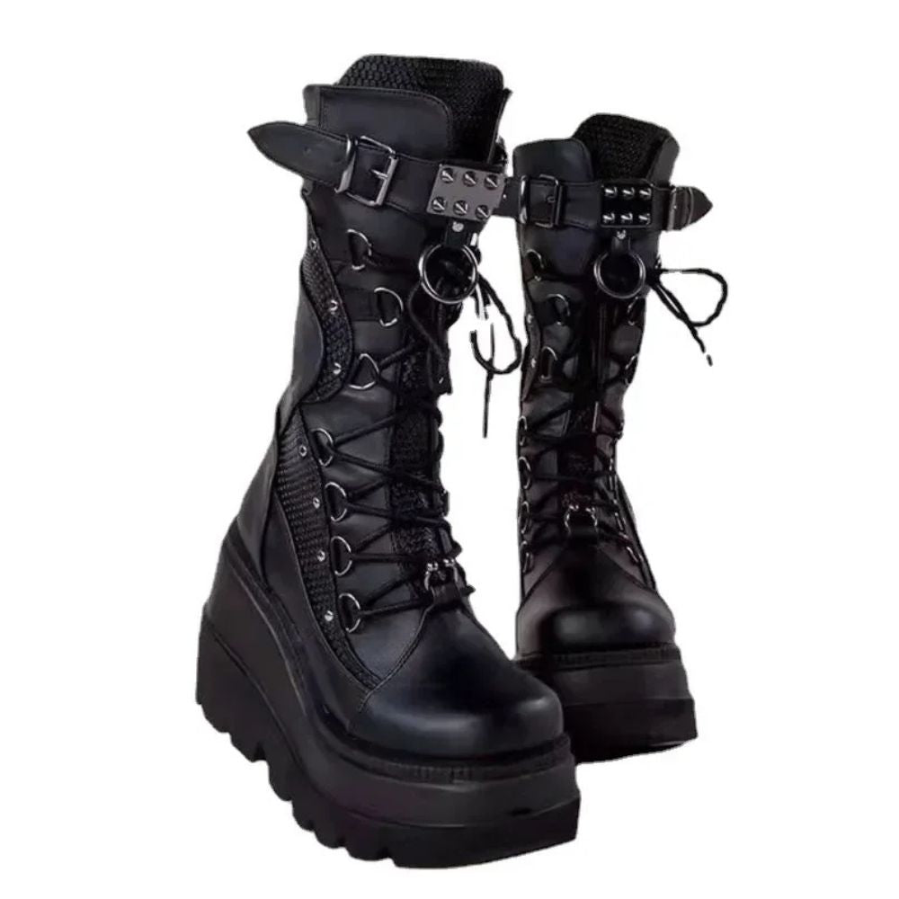 Black Goth Wedge Mid Calf Boots