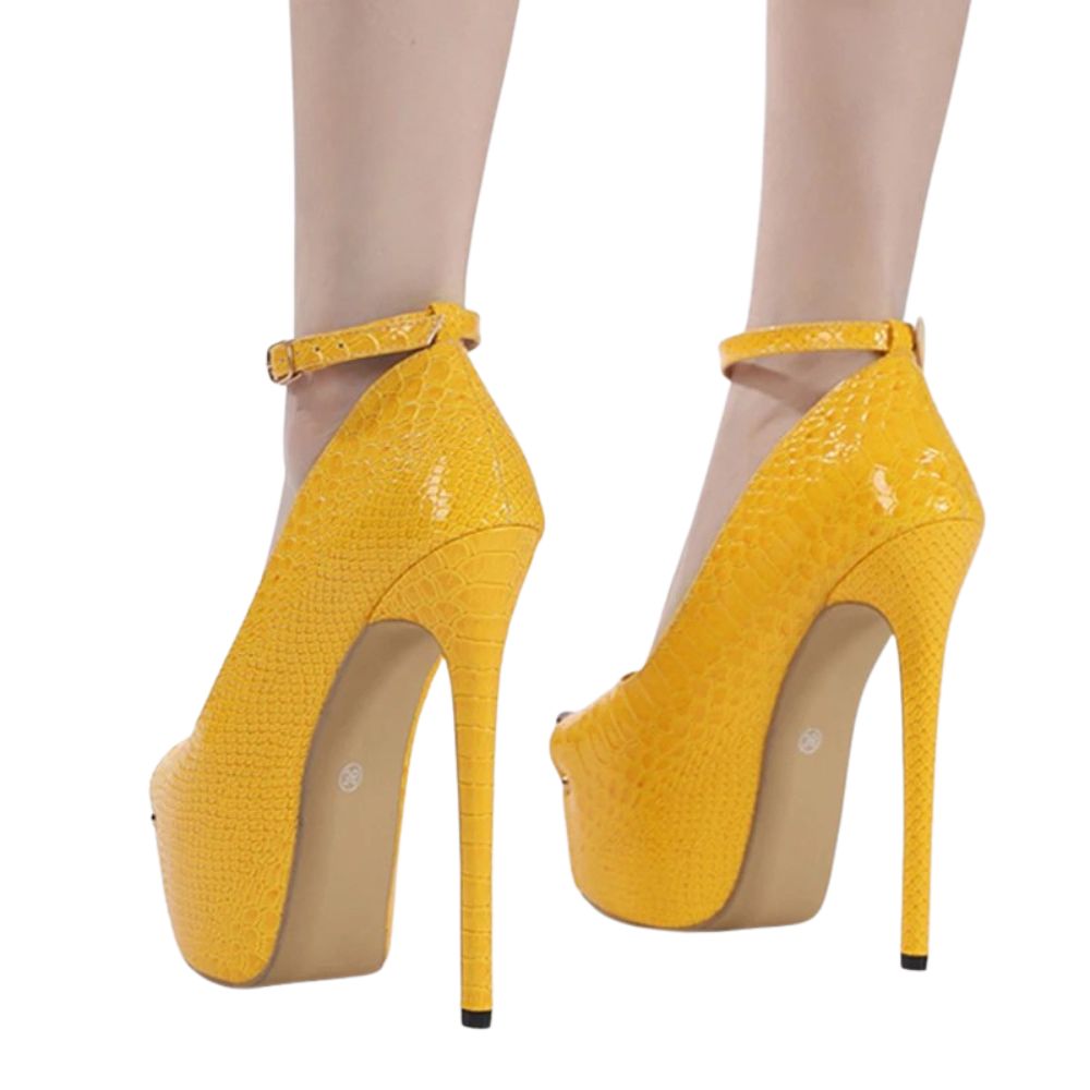 Yellow Snake Print Peep Toe Heels
