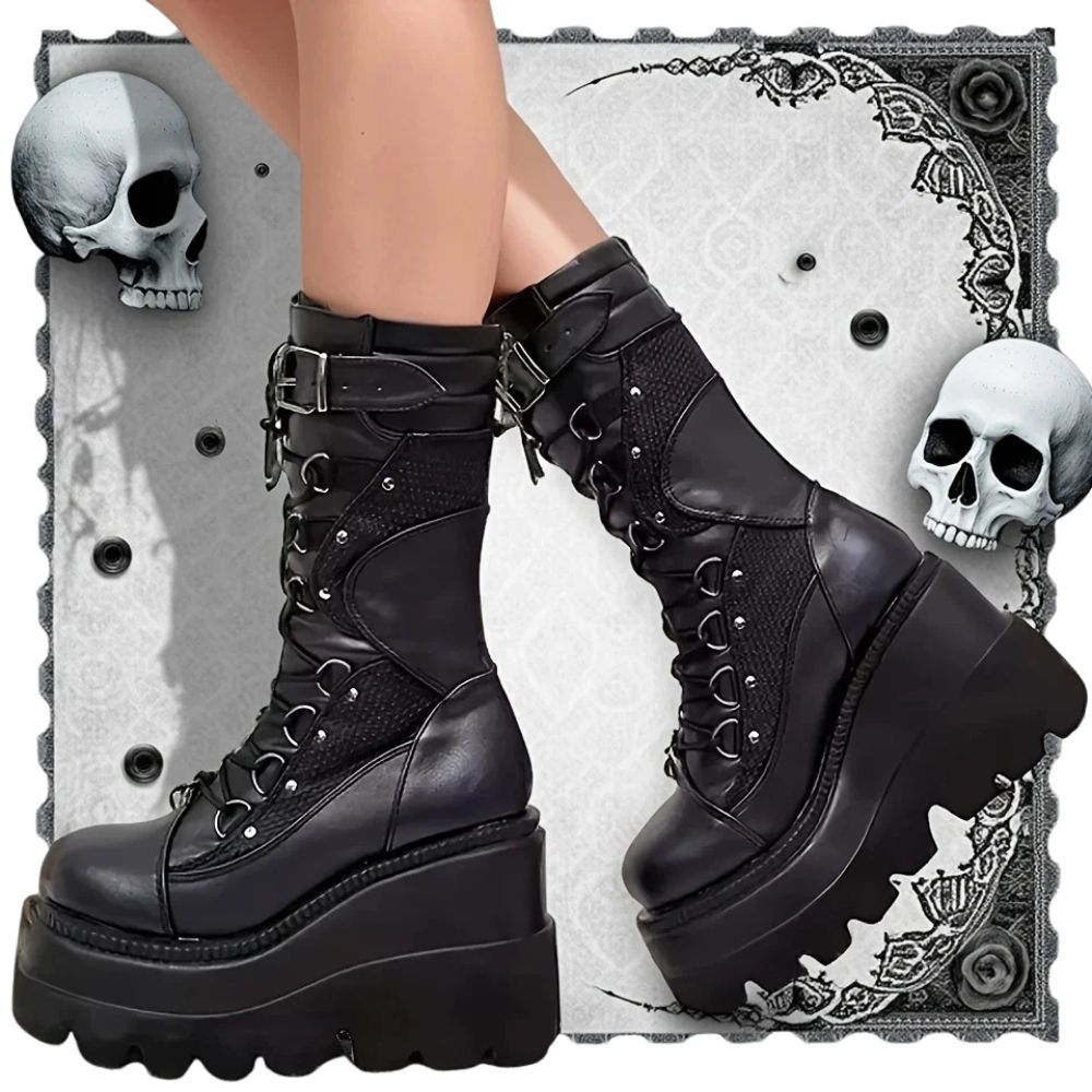 Black Goth Wedge Mid Calf Boots