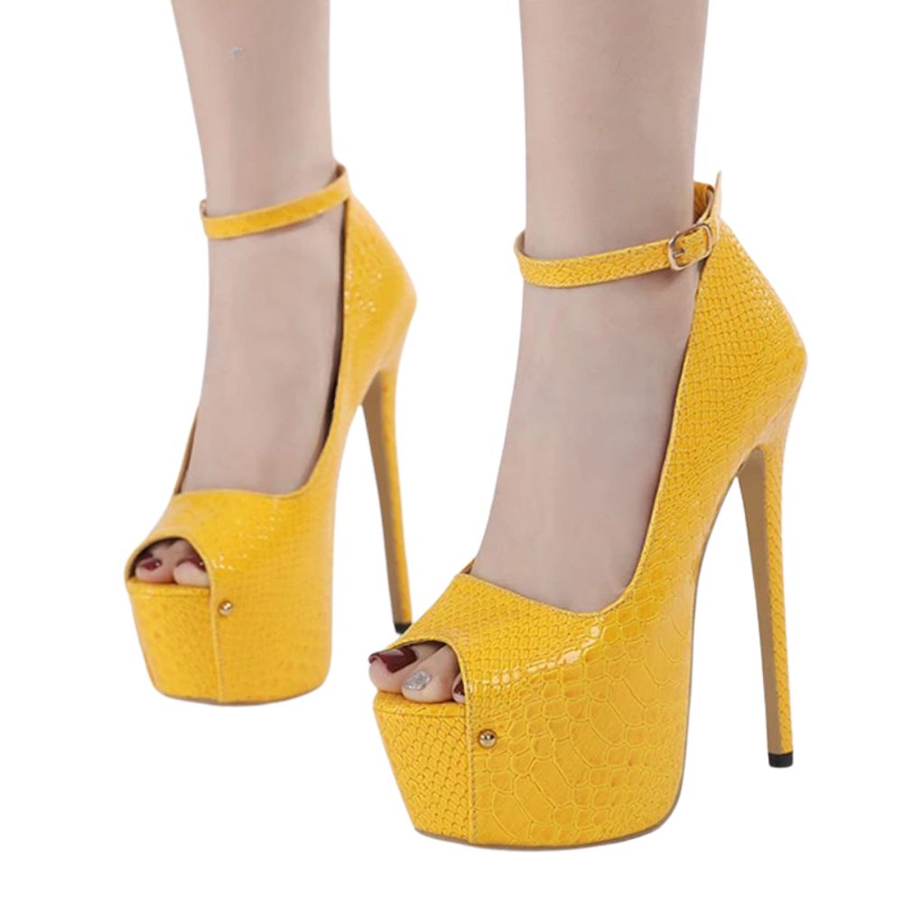 Yellow Snake Print Peep Toe Heels