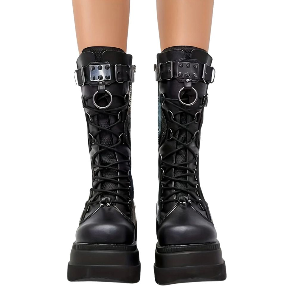 Black Goth Wedge Mid Calf Boots