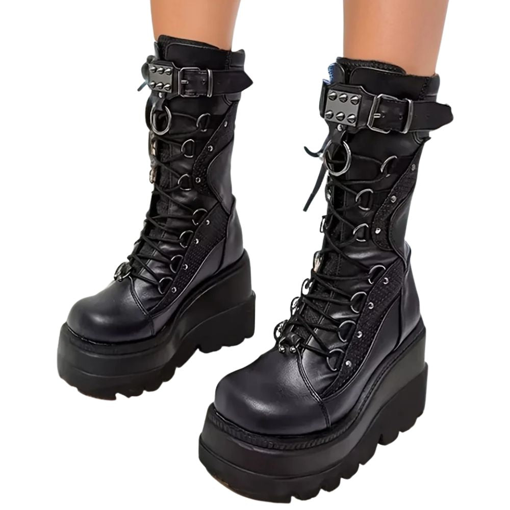 Black Goth Wedge Mid Calf Boots