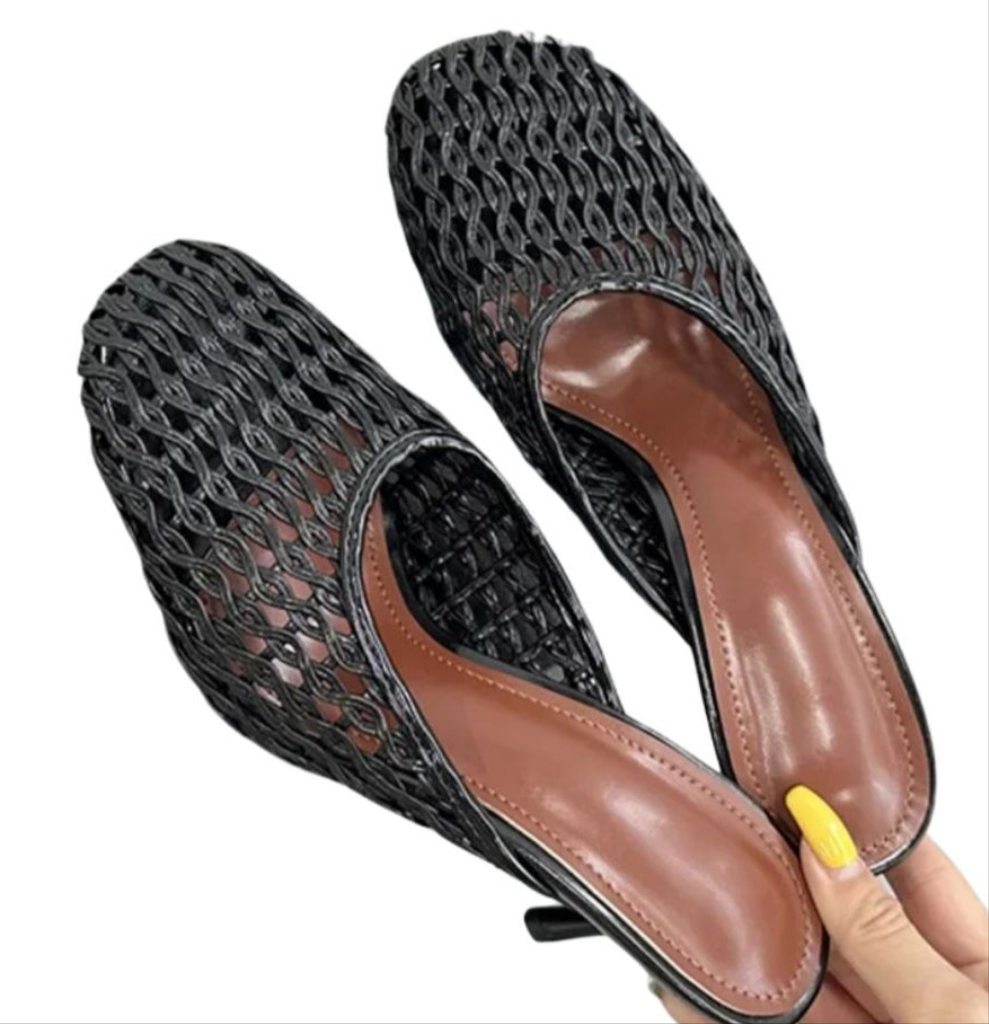 Black Woven Kitten Heel Mules