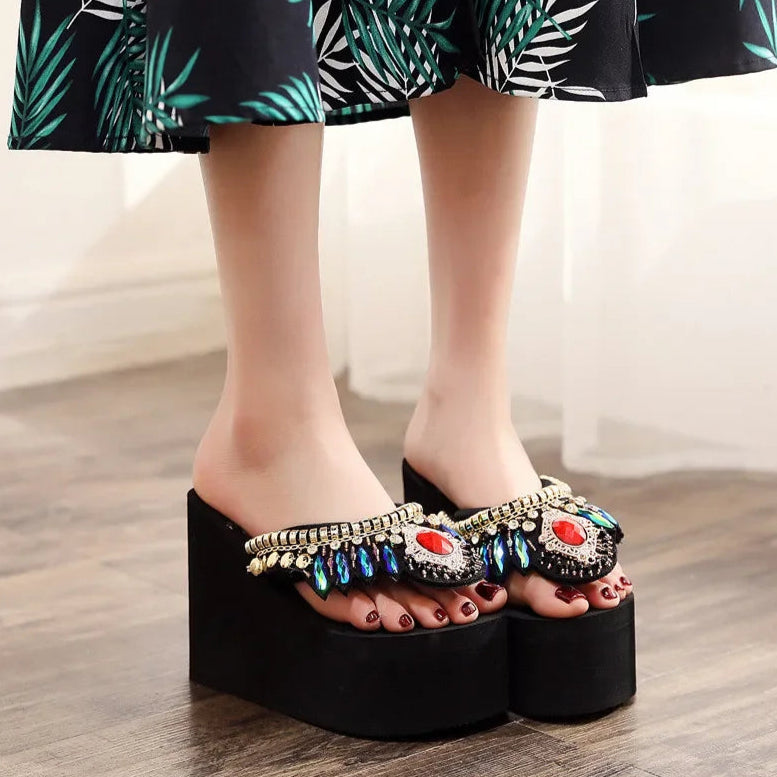 Black Wedge Flip Flops with Rhinestones