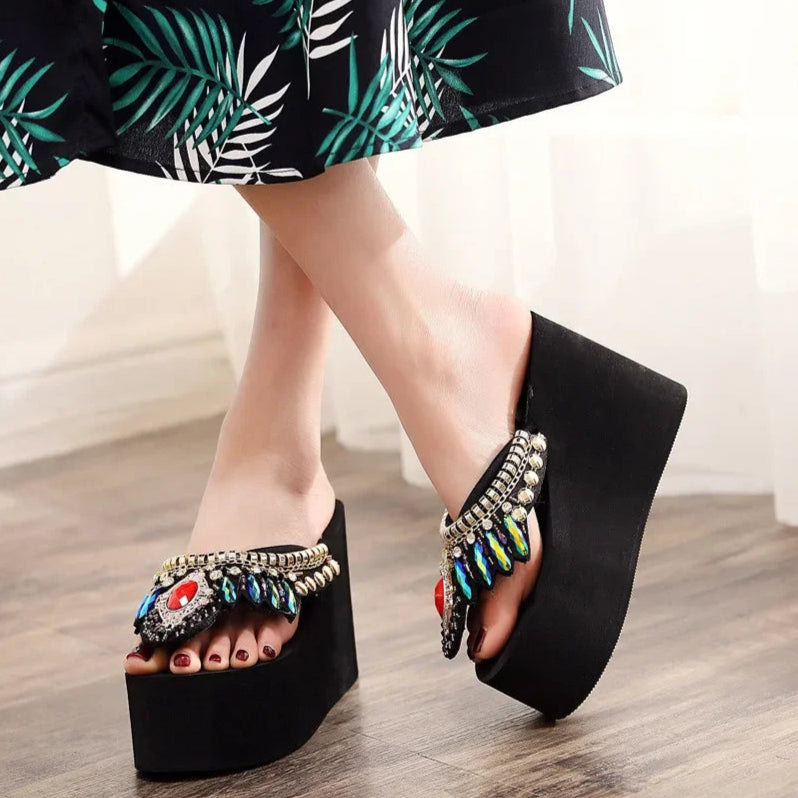 Black Wedge Flip Flops with Rhinestones