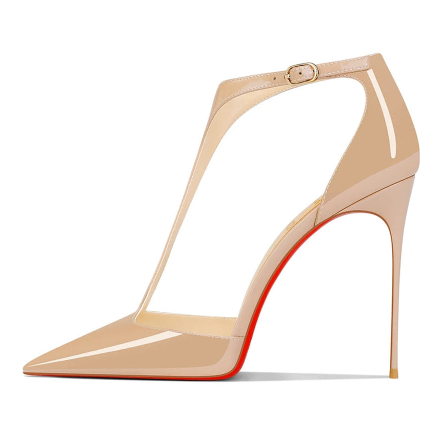 Nude Pointed T-Strap Heels