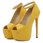 Yellow Snake Print Peep Toe Heels