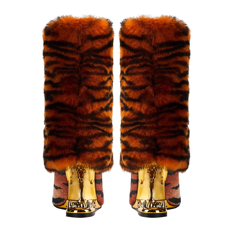 Tiger-Teeth-Heelless-Boots-With-Tiger-Fur-pair-back