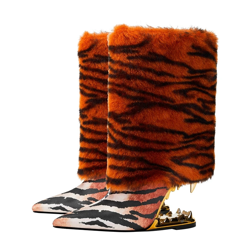 Tiger-Teeth-Heelless-Boots-With-Tiger-Fur-pair