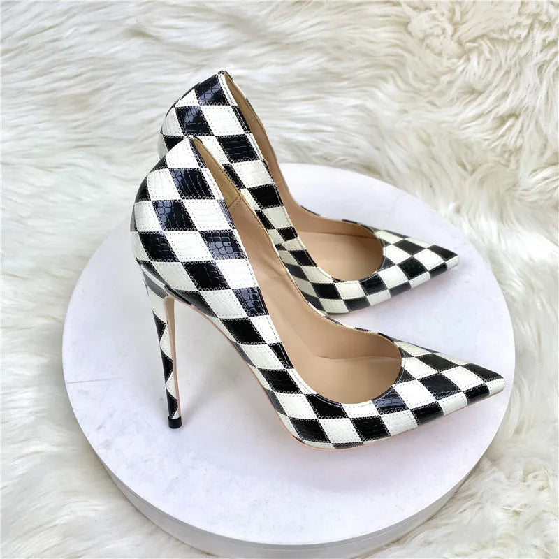 black-and-white-checkered-high-heels-pair