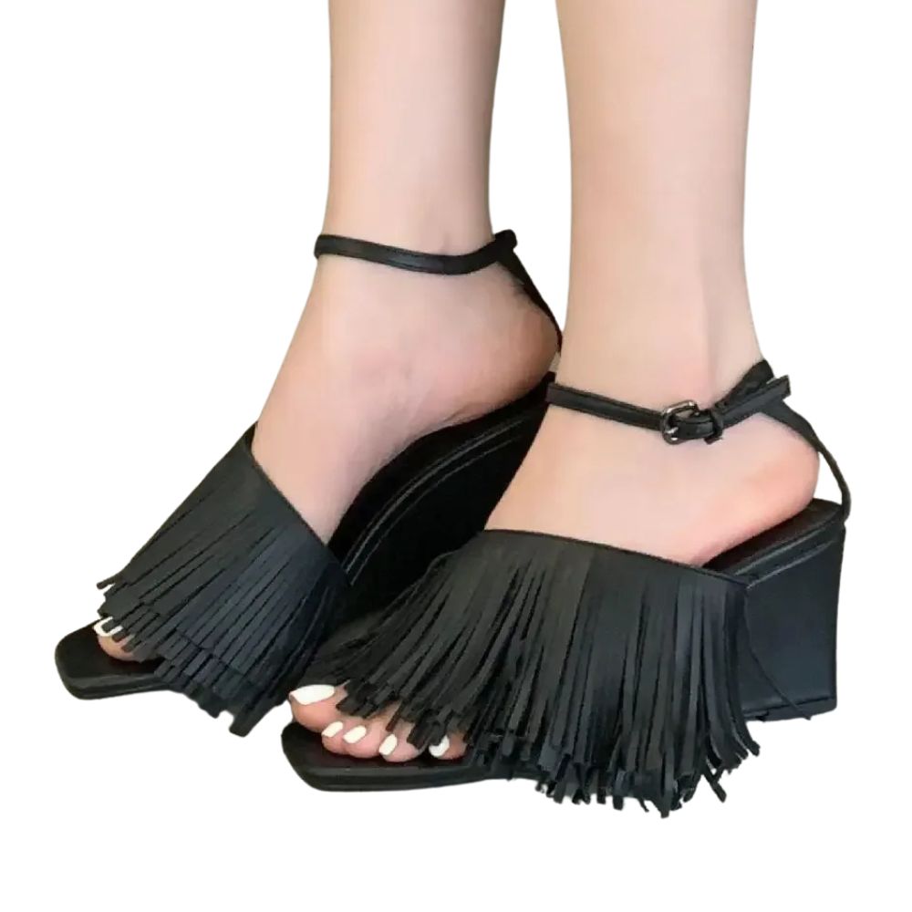 black-fringe-wedge-sandals
