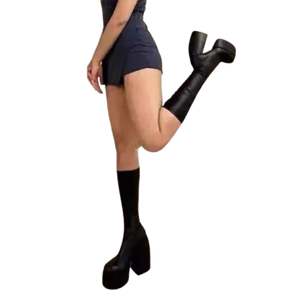 black-knee-high-chunky-heel-platform-standing