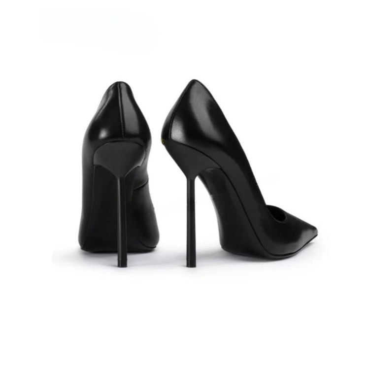Black Leather Pointed Toe Stiletto Heels