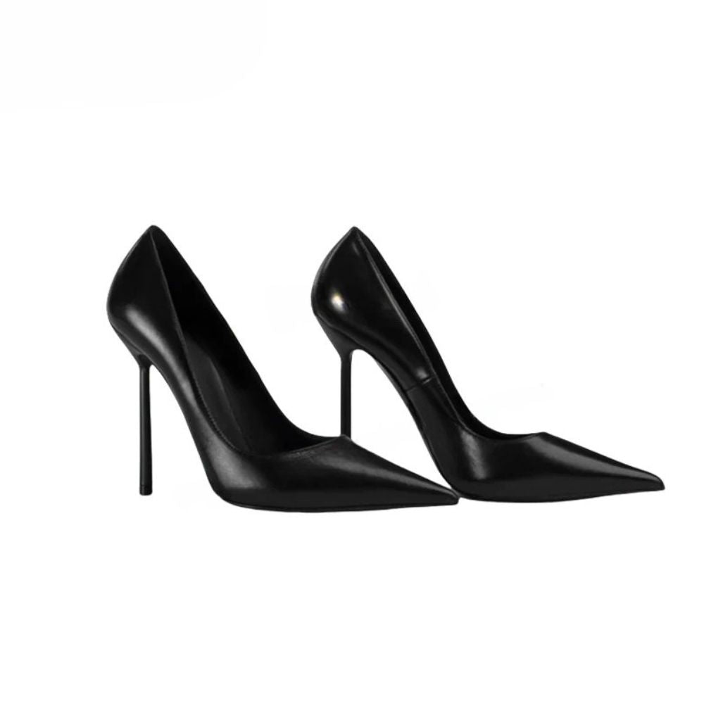 Black Leather Pointed Toe Stiletto Heels