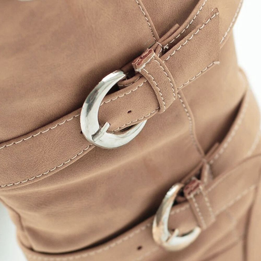 brown-mid-calf-low-heel-boots-buckle-strap
