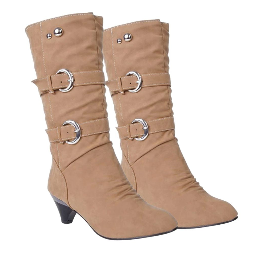 brown-mid-calf-low-heel-boots-pair
