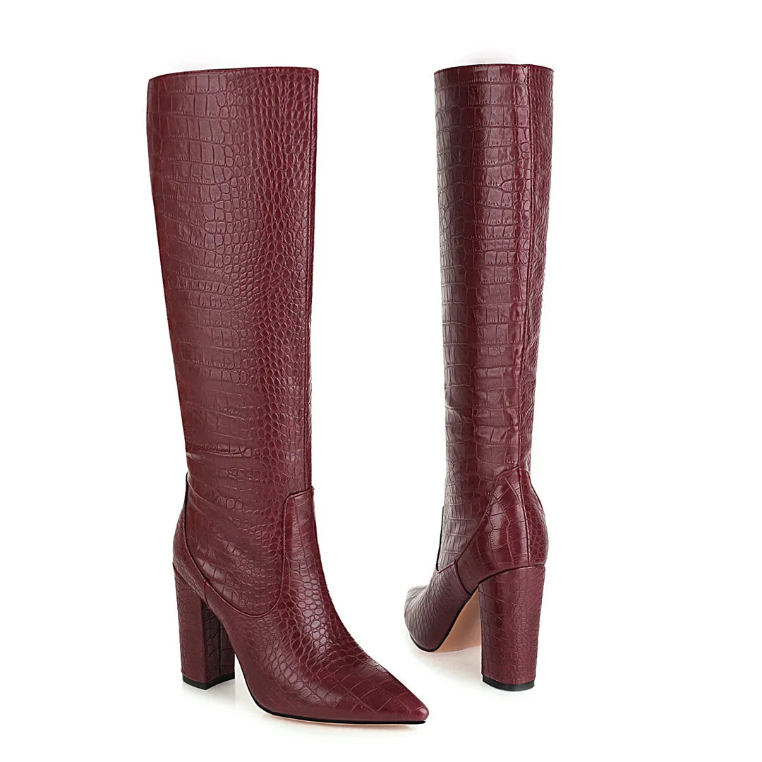burgundy-snake-embossed-block-heel-boots-pair