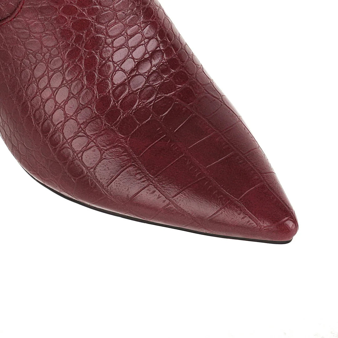 burgundy-snake-embossed-block-heel-boots-pointed-toe