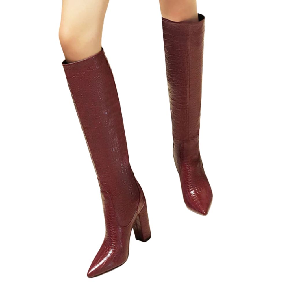 burgundy-snake-embossed-block-heel-boots-woman