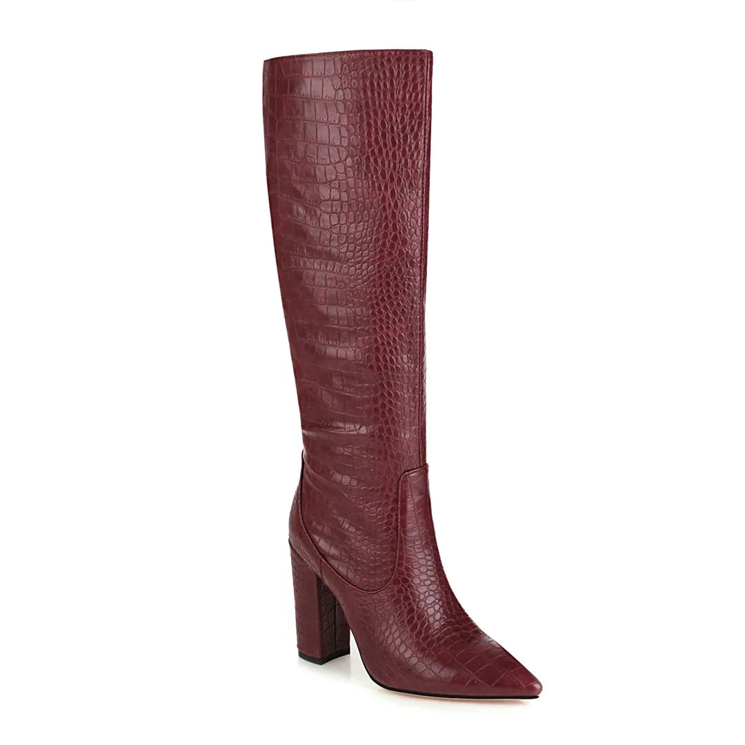 burgundy-snake-embossed-block-heel-boots