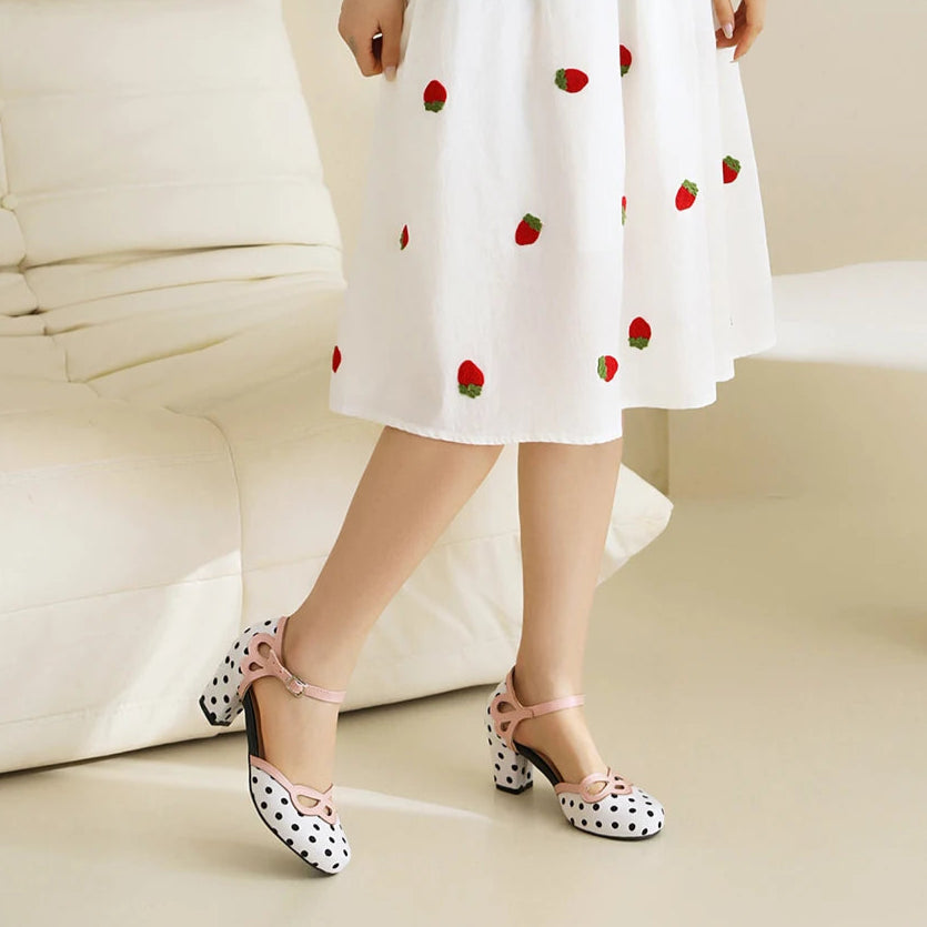 pink-black-white-polka-dot-block-heels-woman