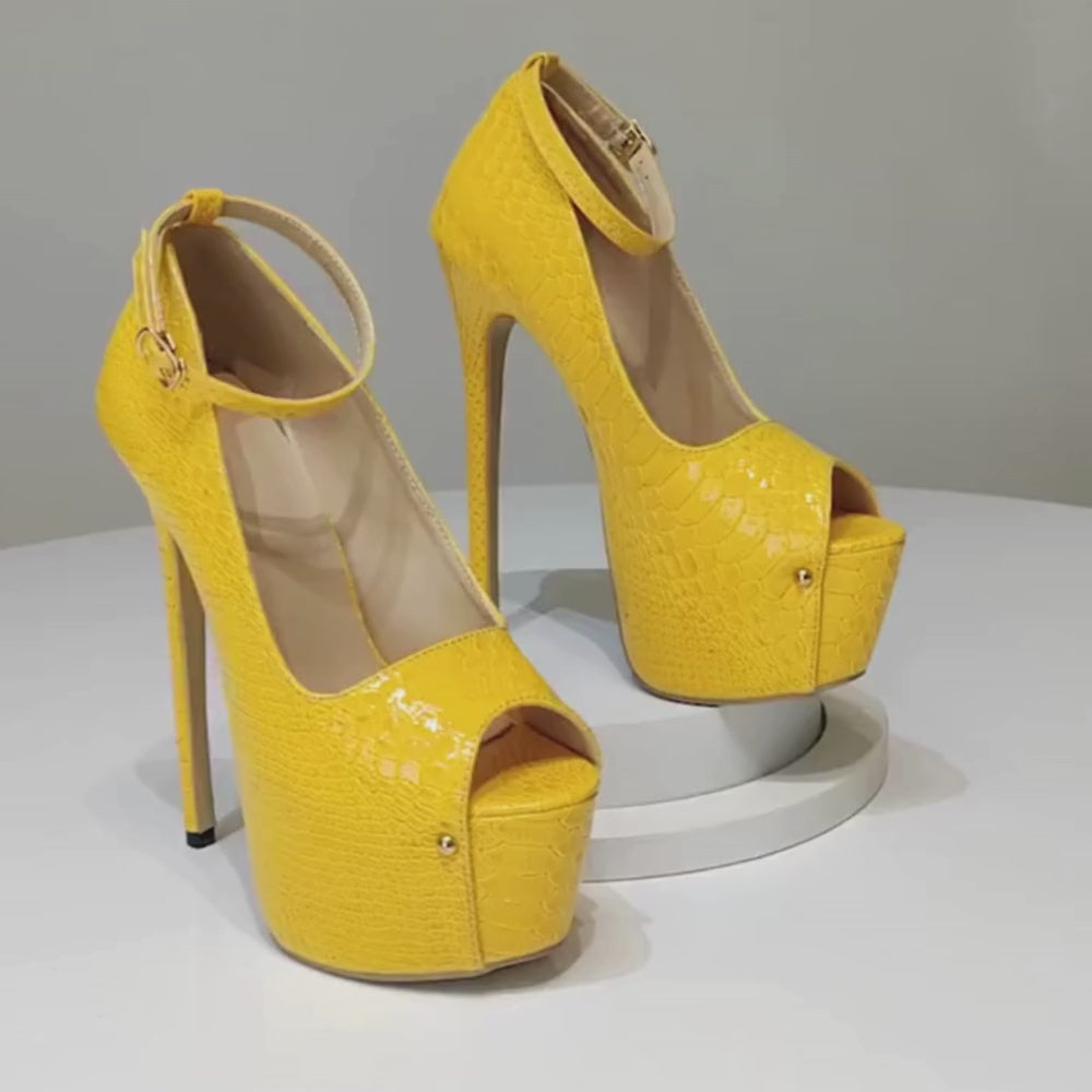 Yellow Snake Print Peep Toe Heels