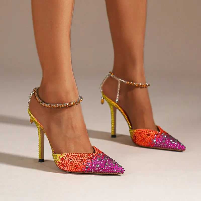 rainbow-rhinestone heels-wearing